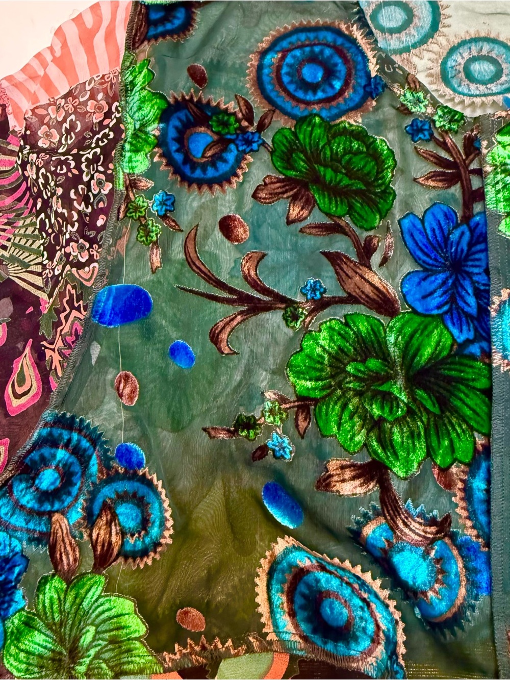 Patchwork Velvet Button-Front Blouse - Green Multi - Picture 9 of 14